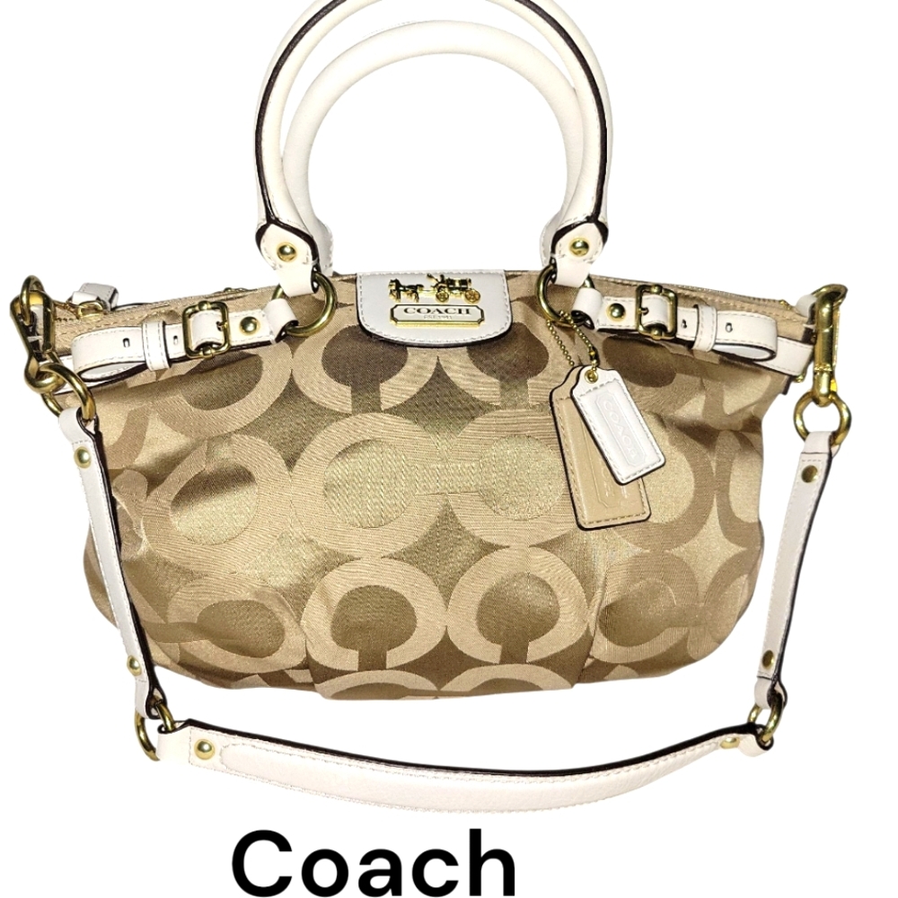 Mint Coach Madison Op Art Sateen Sophia Satchel 2 Way Purse Khaki/White #18650